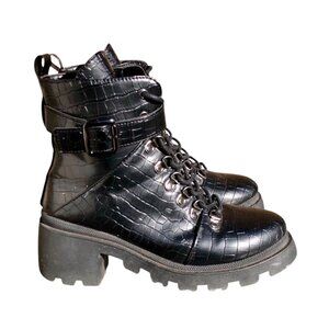 Women's Black Embossed Combat Boots, 7.5